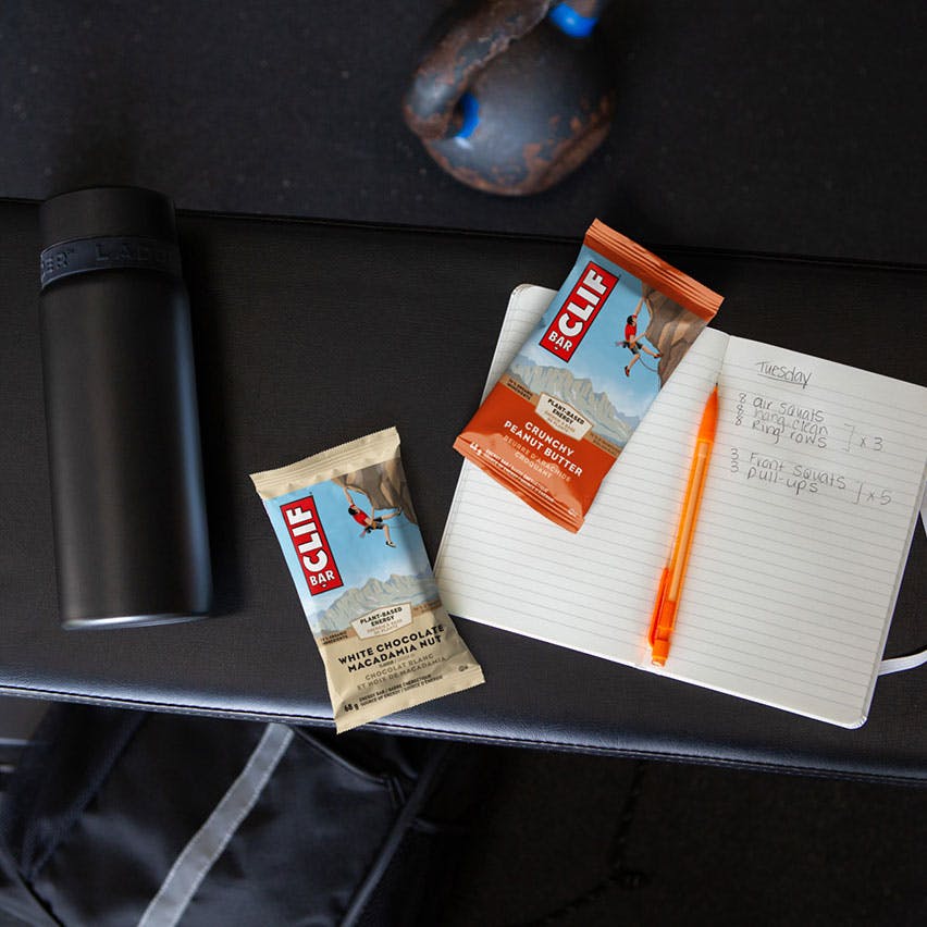 CLIF BAR Crunchy Peanut Butter and White Chocolate Macadamia Nut at the gym