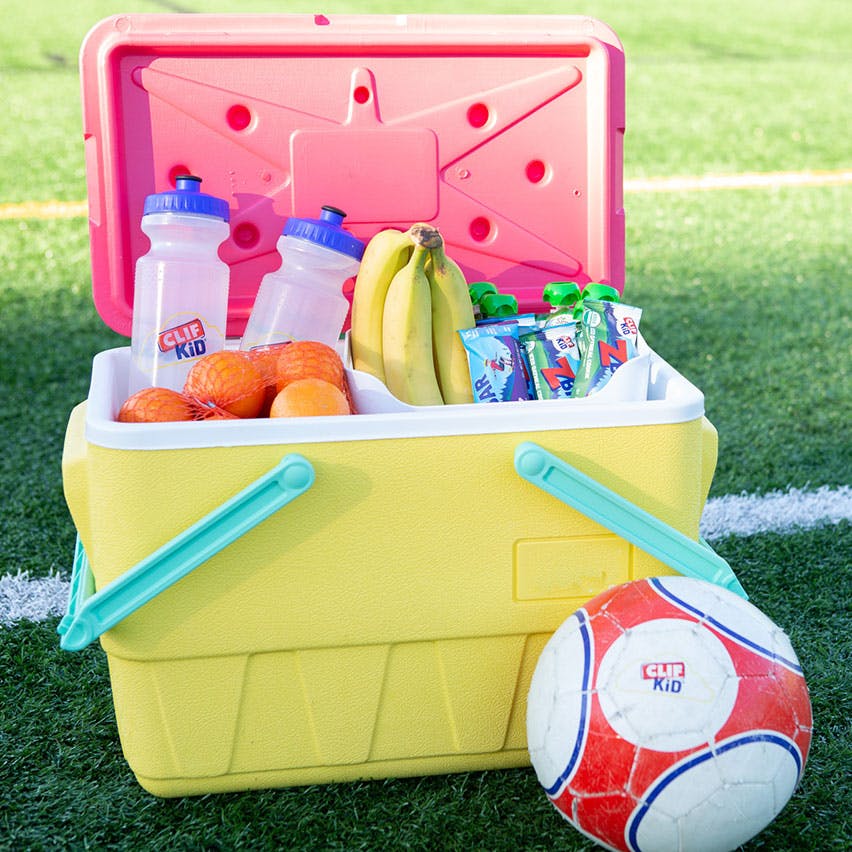 CLIF Kid Zbars in a cooler with snacks at soccer field