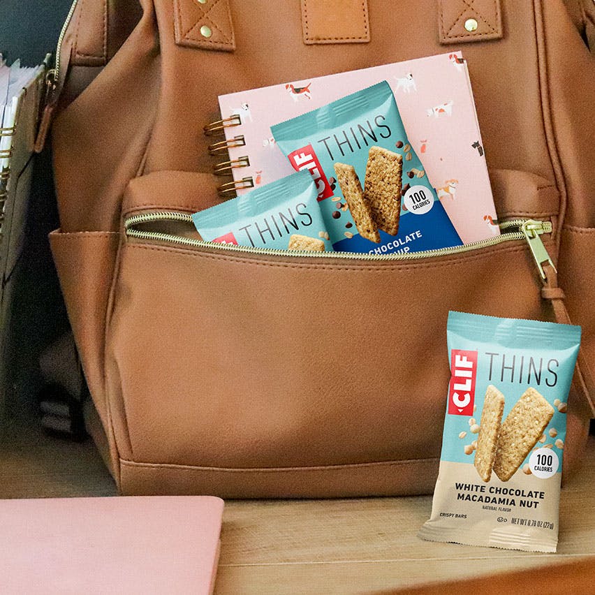 CLIF Thins in a backpack for work