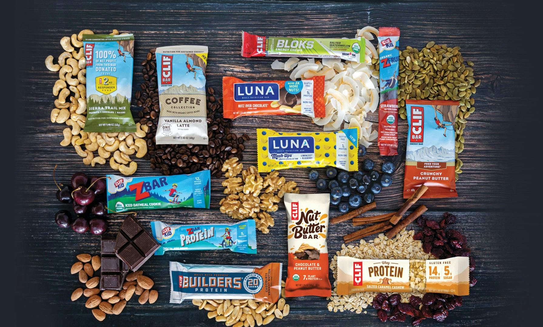 Clif product assortment with ingredients