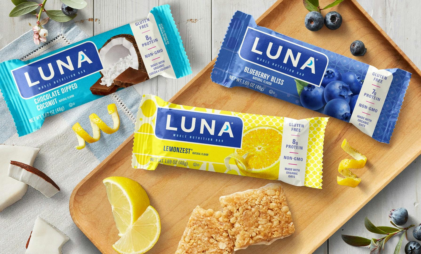 LUNA Bars - Lemonzest, Chocolate Dipped Coconut, and Blueberry Bliss