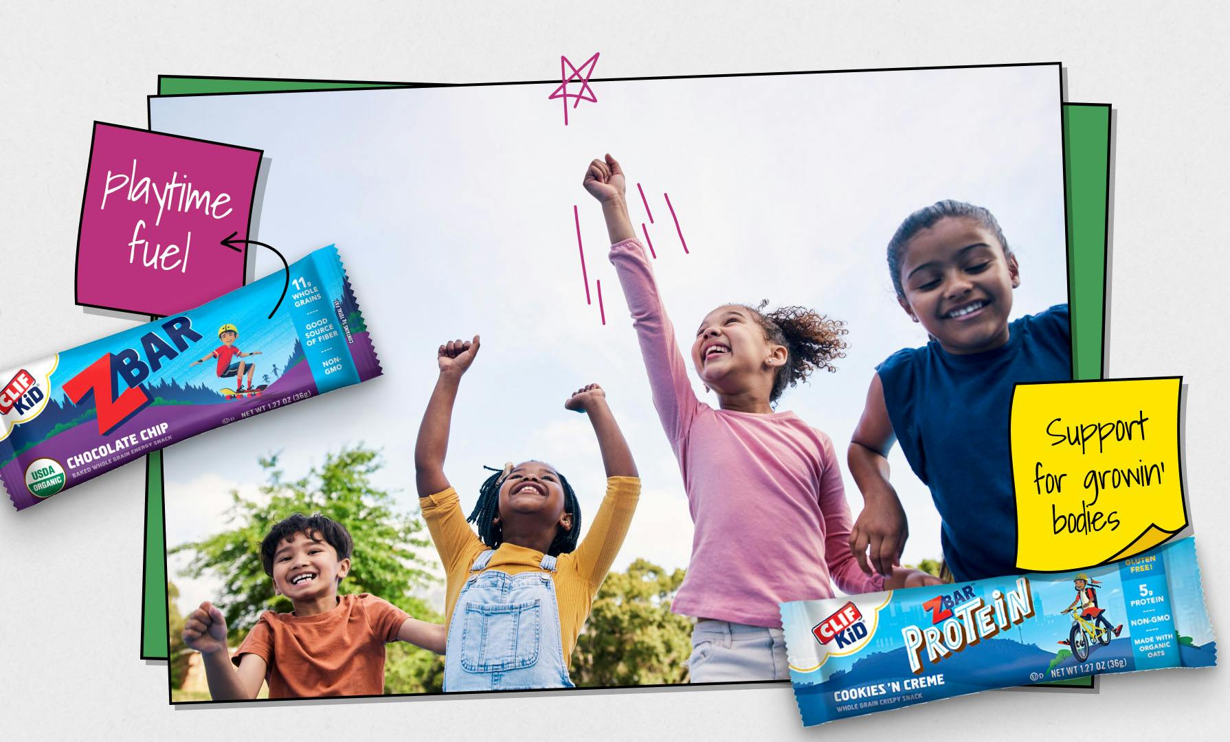 CLIF Kid - Playtime Fuel - Support for Growin' Bodies. Kids Cheering.