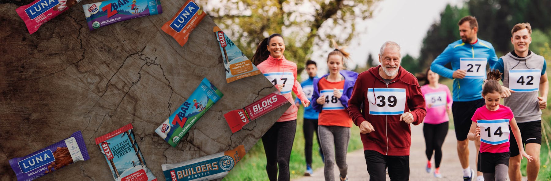 People running race and a variety of CLIF BAR products