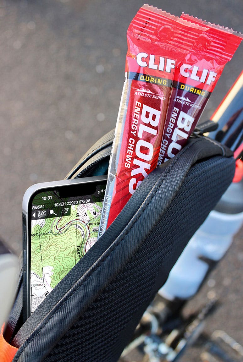 CLIF BLOKS Black Cherry and Strawberry in a bike bag