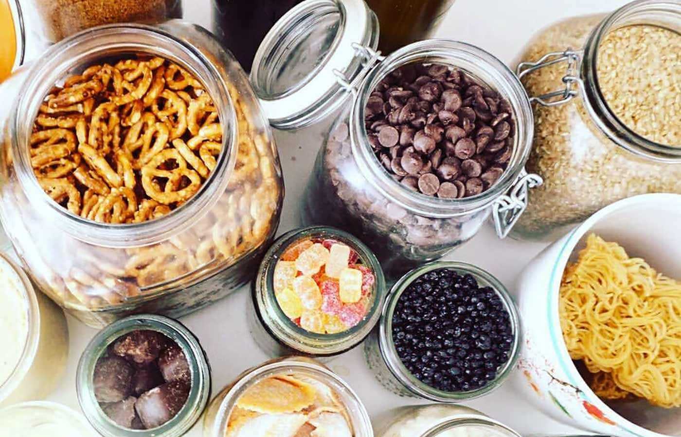 Snacks and candy in glass jars