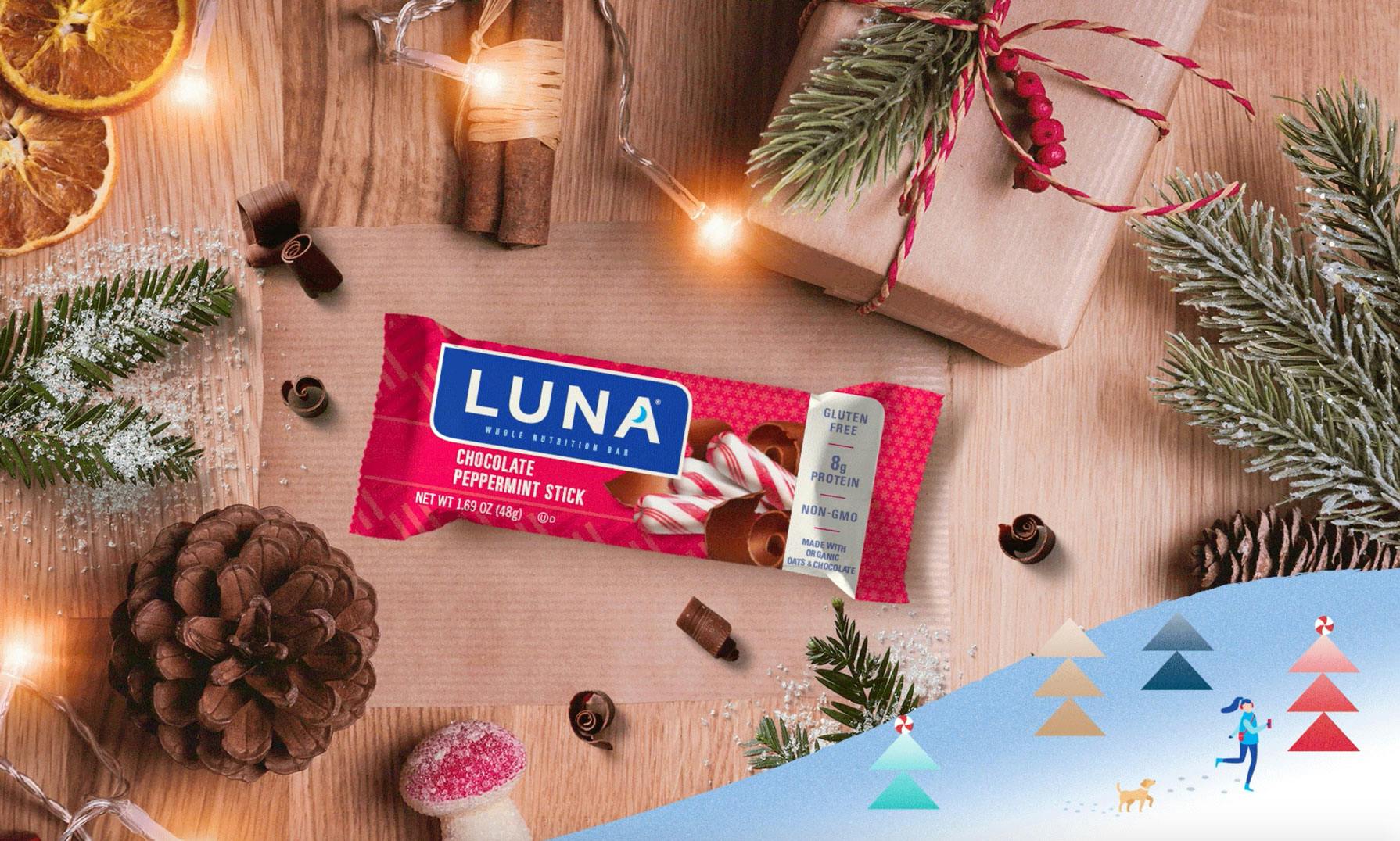 Luna chocolate peppermint stick with holiday decor