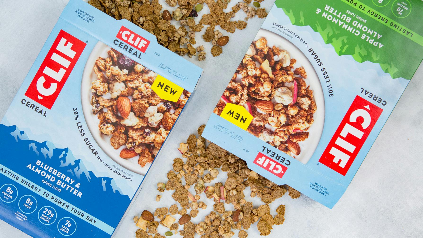 CLIF Cereal Blueberry and Almond Butter and Apple Cinnamon and Almond Butter boxes