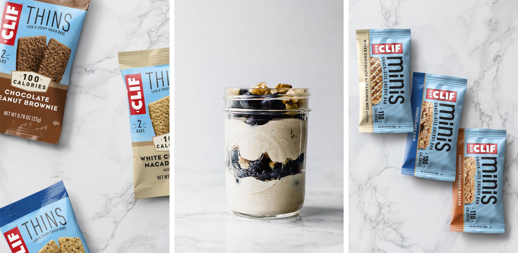 CLIF Thins, yogurt and berries, and CLIF BAR Minis