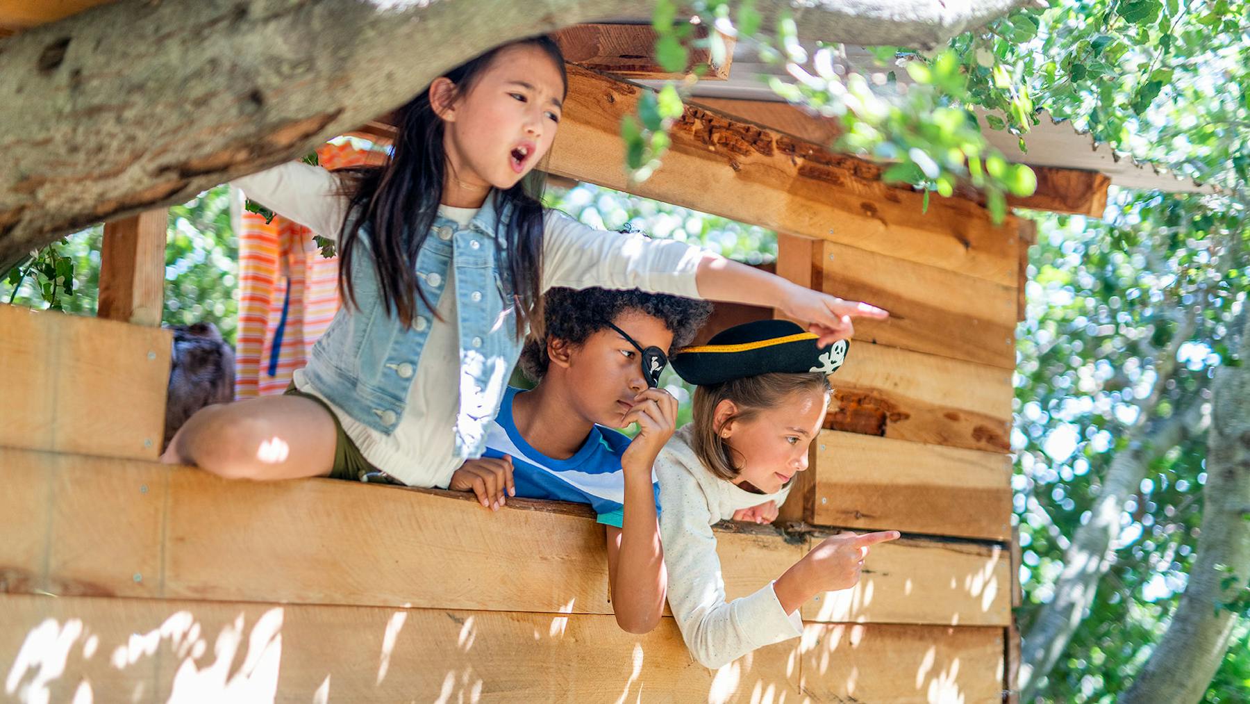 Kids playing in a treehouse outside