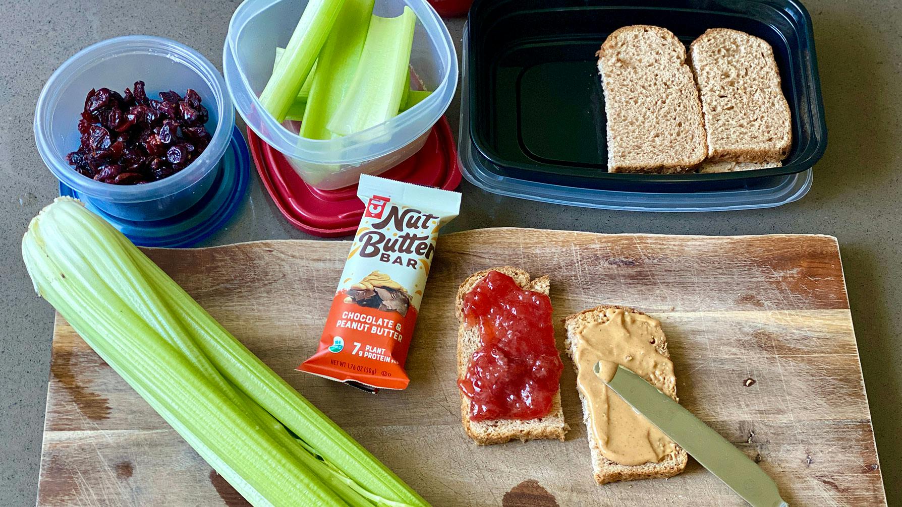 Nut Butter Bar Chocolate & Peanut Butter, sandwiches, cranberries, and celery beach snacks