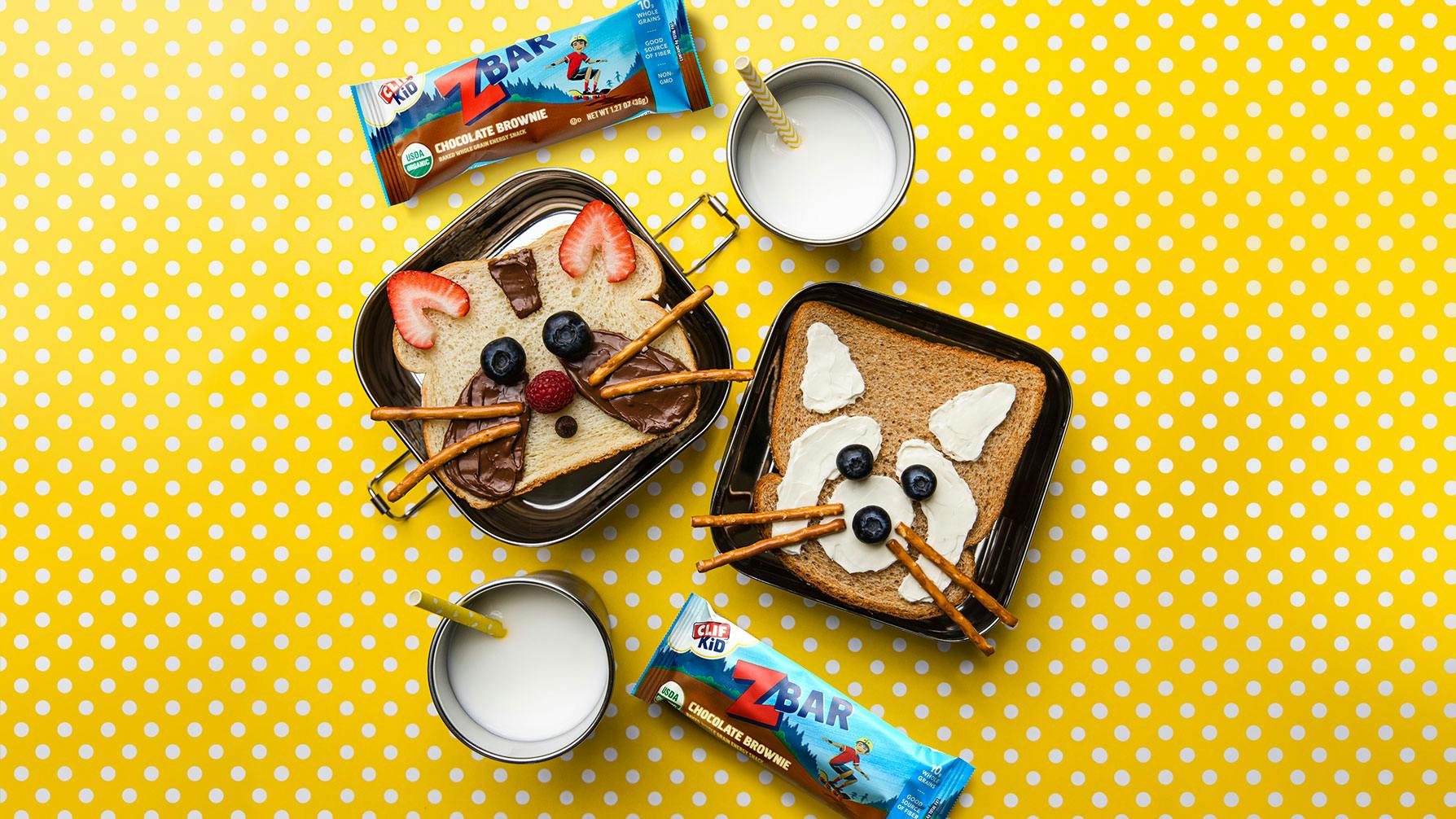 Toast with animal faces and Zbar Chocolate Brownie